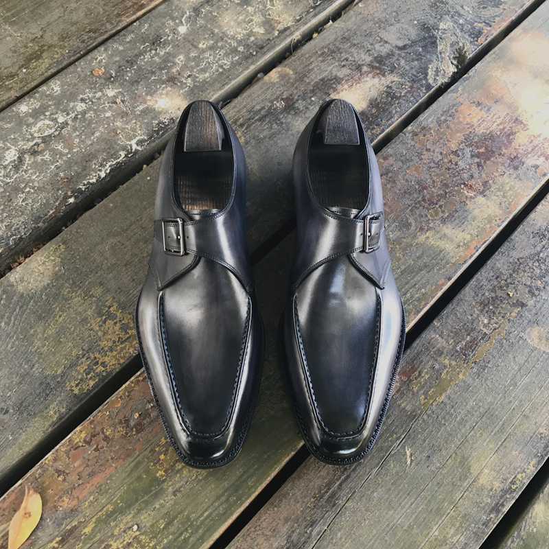 男鞋秋季皮鞋方头真皮透气商务英伦正装韩版单扣男士手工擦黑灰色
