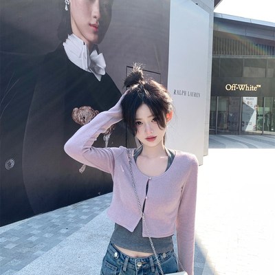 珍珍家气质设计感叠穿套装短款圆领针织开衫挂脖吊带背心两件套女