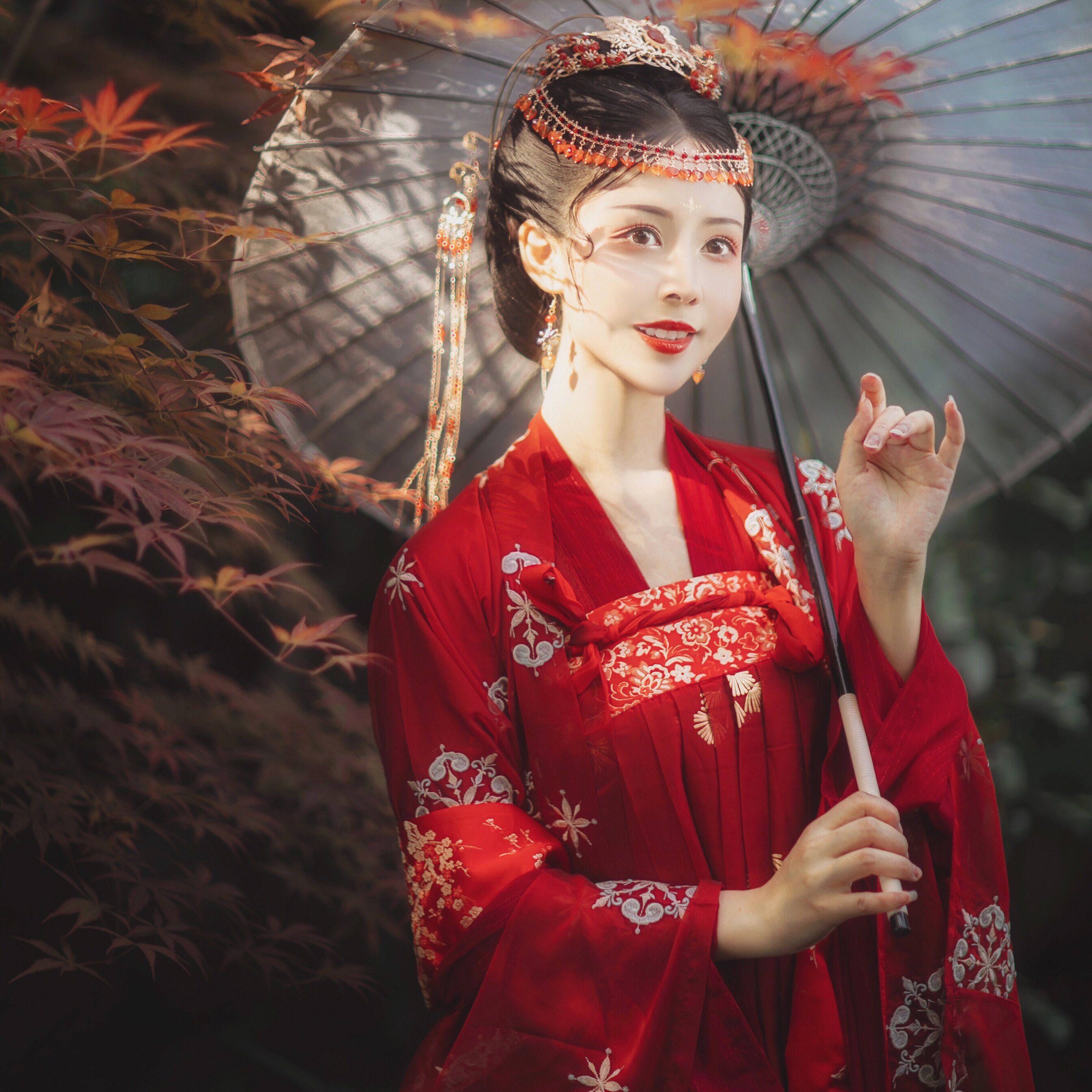 九洲一月汉服女 九歌红琳琅 嫁衣唐制上襦下裙大袖衫套装双披帛