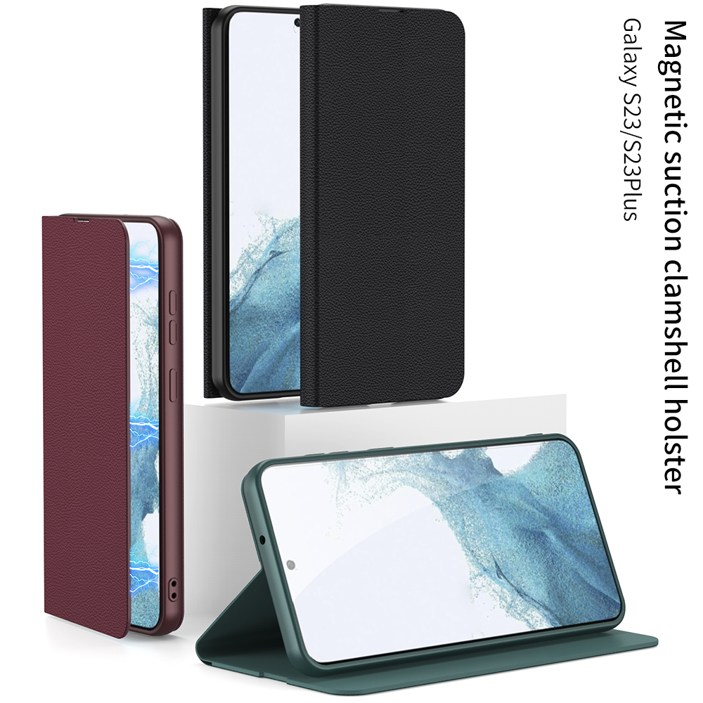 适用于 三星SM-S23磁吸翻盖皮套S9160侧开支架s23ultra全包防摔超薄s23+高档商务手机壳保护套9110