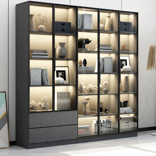 防尘书柜带玻璃门展示柜现代轻奢定制家用客厅实木书柜一体整墙