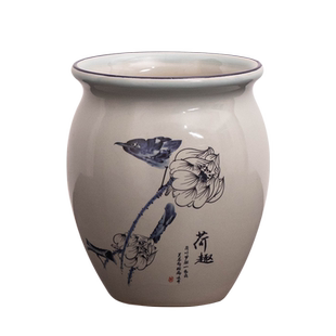 复古中式小叶紫檀花盆手绘青花莲荷高款小号陶瓷中式种植盆栽摆件