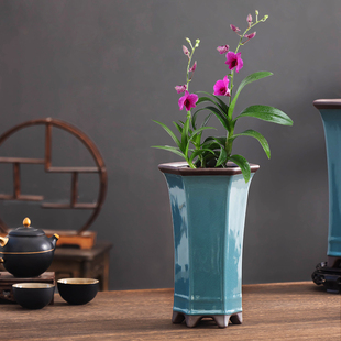 哥窑紫砂兰花专用花盆开片粉青高款 透气陶瓷家用君子兰室内摆件