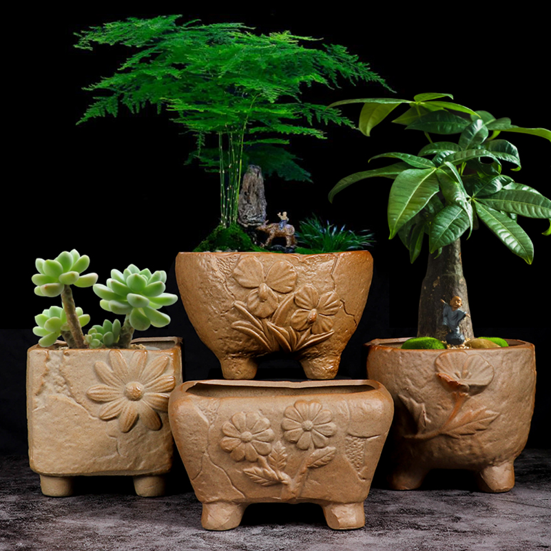 简朴创意文竹绿植专用花盆多肉老桩粗陶透气小盆景陶盆价清仓陶盆