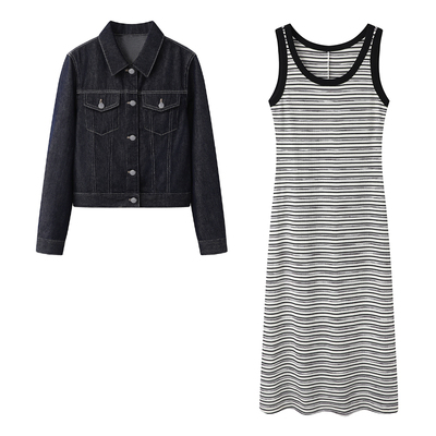 牛仔短外套背心连衣裙两件套