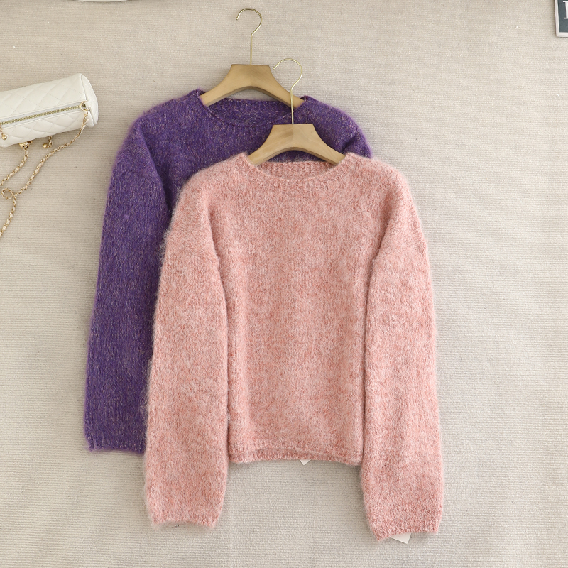 檬系！高级感紫色毛茸茸毛衣秋冬宽松圆领软糯慵懒风氛围感针织衫