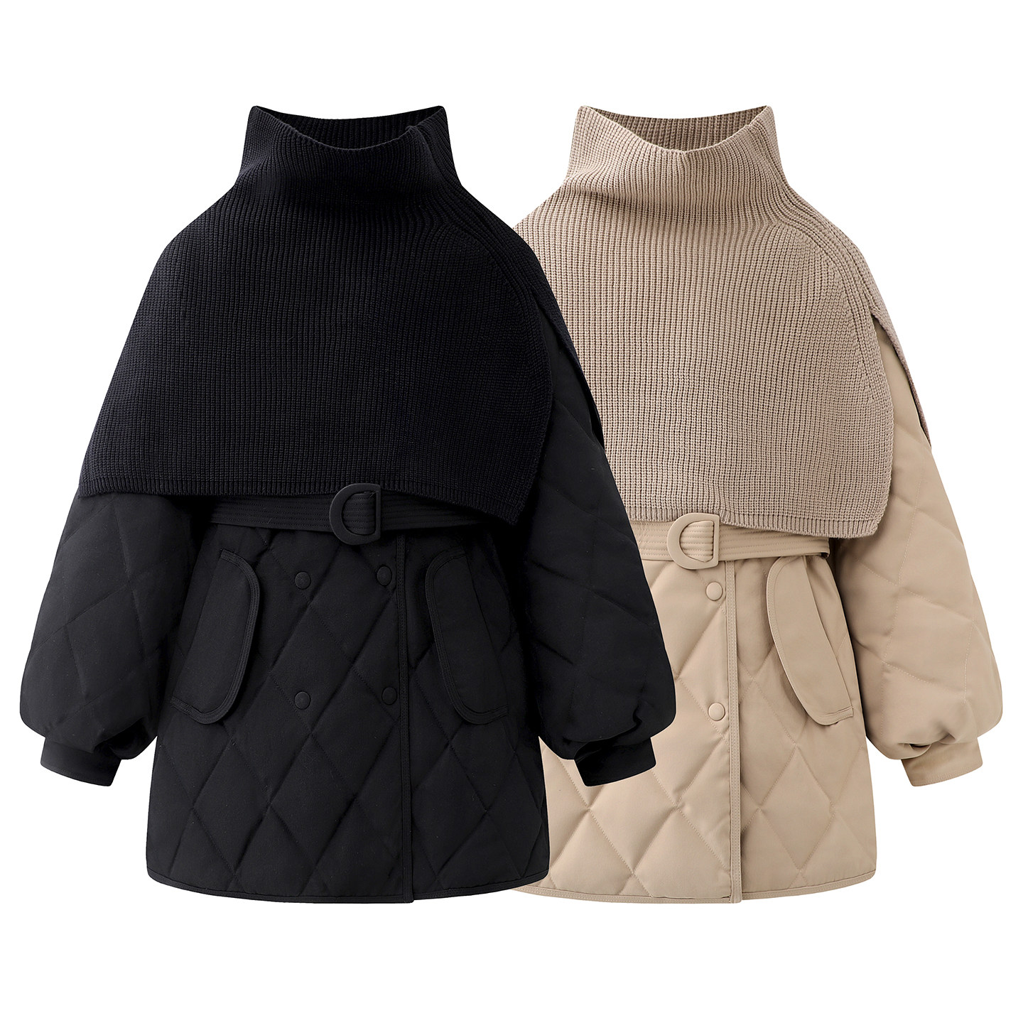 韩系针织披肩+收腰羽绒服女2025冬季新宽松中长款系带白鸭绒外套