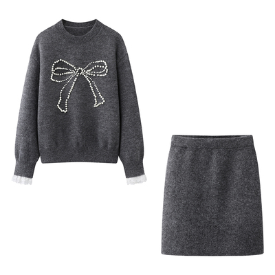 巨好看的独特漂亮冬装一整套小香风蝴蝶结灰色毛衣半身裙两件套装