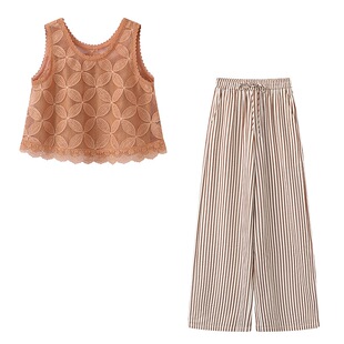套装 桔色蕾丝上衣内搭吊带背心高腰显瘦条纹阔腿裤 一套入 阔系