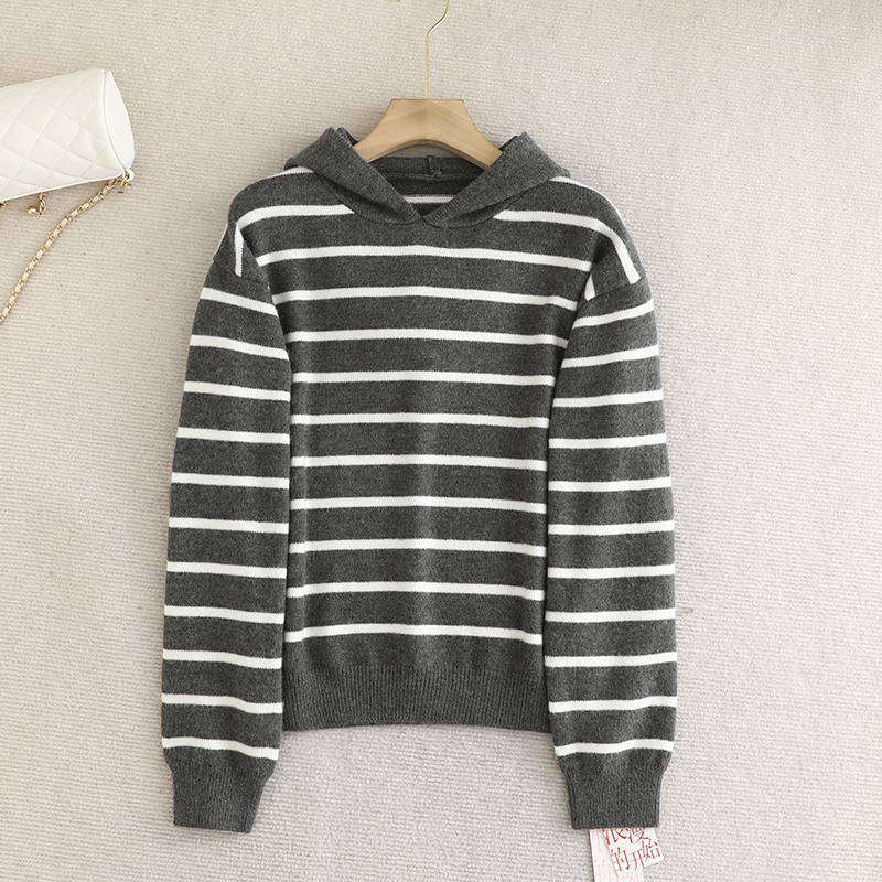 伊系！含Y毛连帽撞色条纹套头针织衫女2025秋冬简约百搭套头毛衣