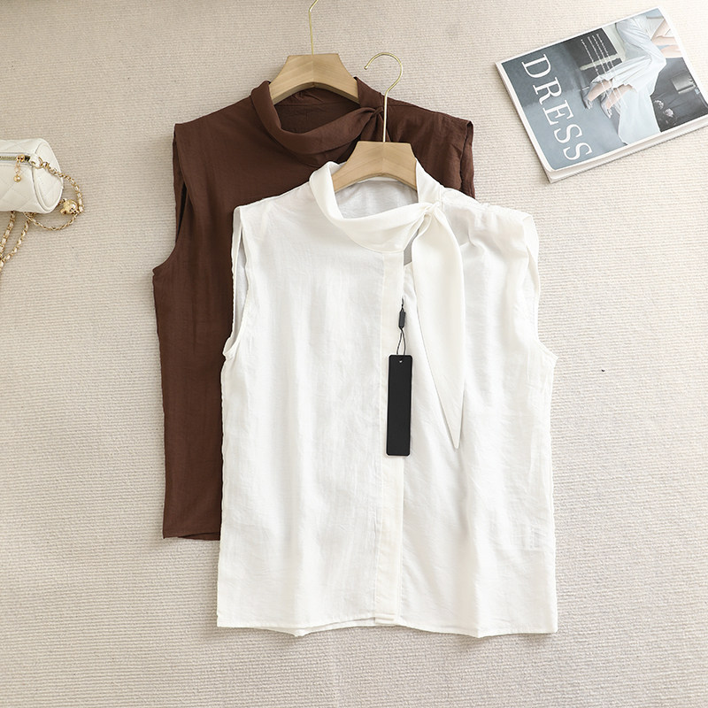 小艾！2025夏季时尚百搭宽松显瘦无袖气质薄款飘带背心衬衫上衣女