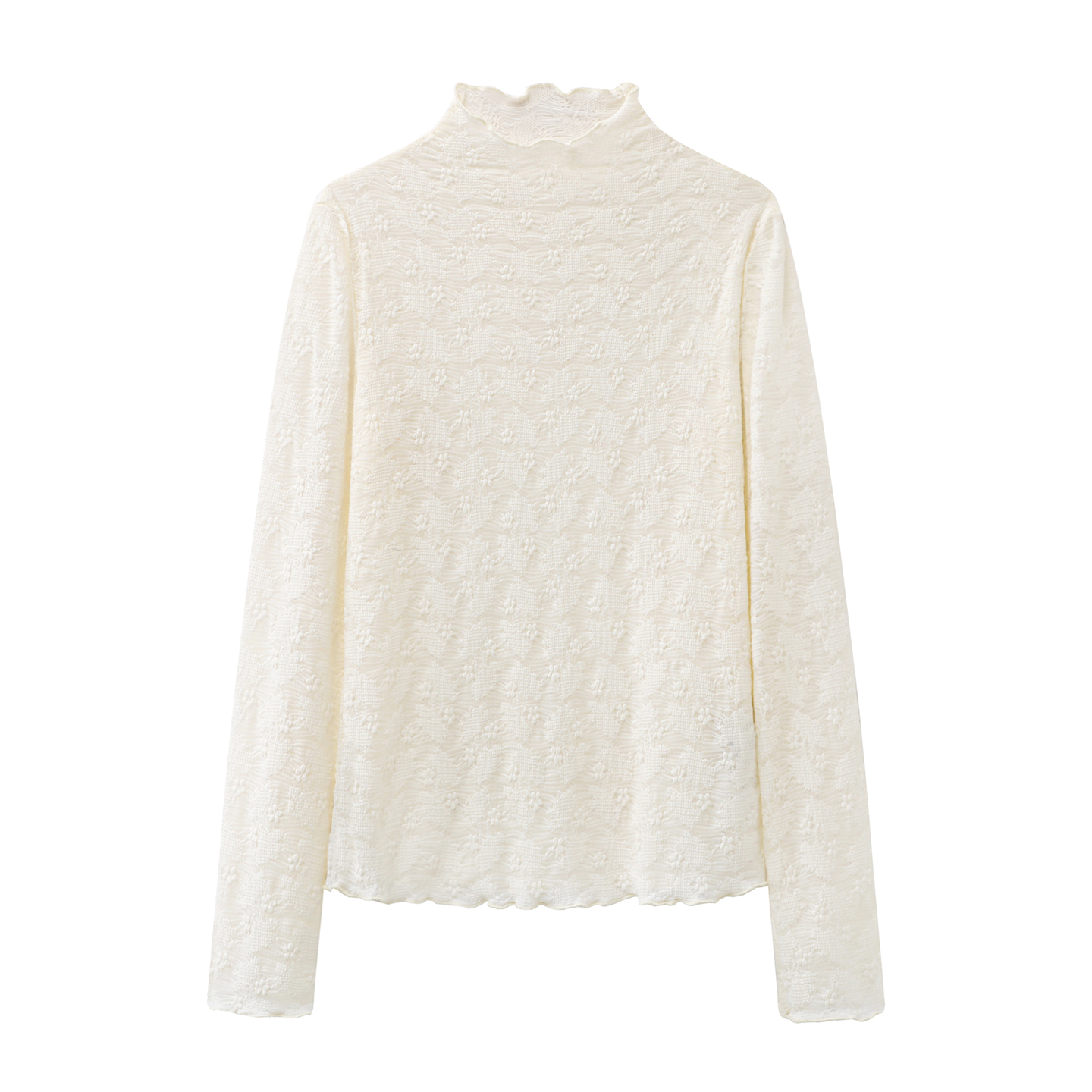 影系！米白色薄款蕾丝内搭打底衫女秋冬款花边领长袖网纱上衣t恤