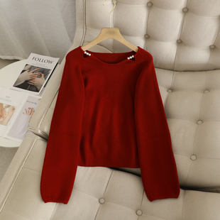 秋水+法式气质百搭珍珠毛衣女2024冬节日气氛感圆领红色毛衣上衣