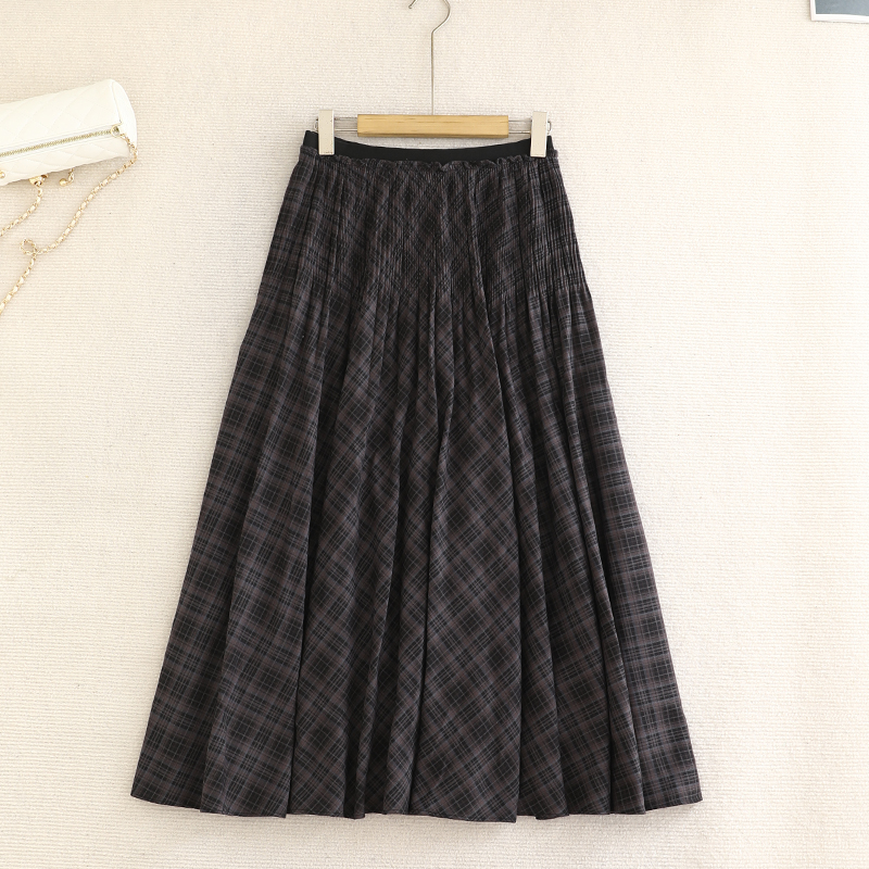 檬系！2025秋冬款复古格纹百褶半身裙女中长款A字裙松紧腰褶皱裙