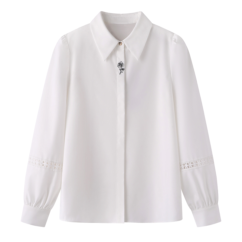 诗系！2025春夏款时尚百搭白色镂空灯笼袖花朵刺绣镂空长袖衬衫女