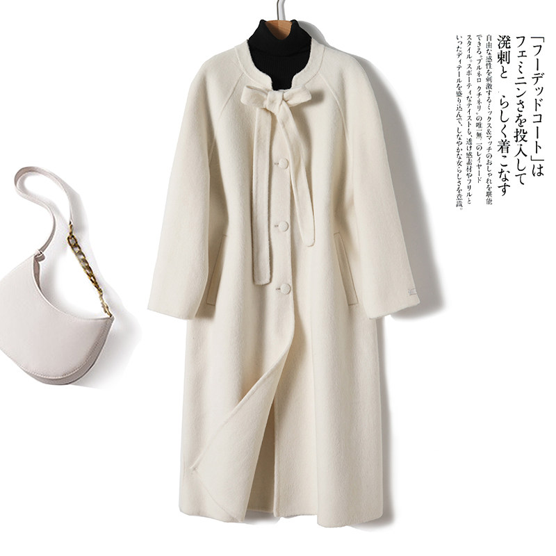 气质能打！！醉西班早g!蝴蝶结系带中长款单排扣大衣毛呢双面呢女