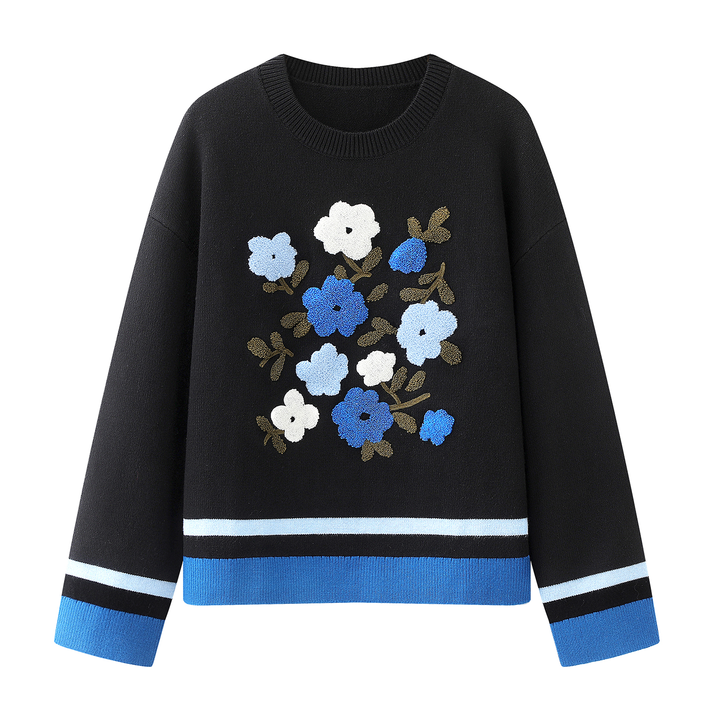 阔系！黑色毛巾绣花毛衣长袖针织衫2025秋冬季女软糯宽松打底上衣