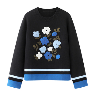 2025秋冬季 针织衫 女软糯宽松打底上衣 黑色毛巾绣花毛衣长袖 阔系