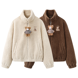 上衣 女长袖 阔系 杏色带公仔仿羔毛外套软糯宽松2025秋冬穿搭新款