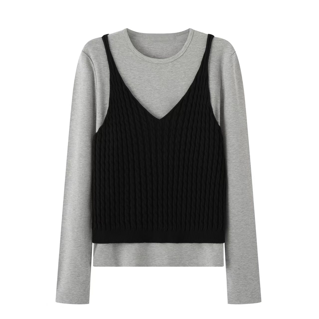 鸟家!2025秋冬季新款百搭显瘦圆领针织吊带背心叠穿两件套上衣女