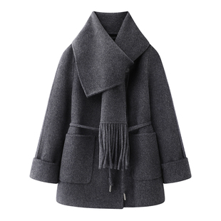 麦系の2025冬新款韩版氛围感围巾小个子灰色羊毛双面毛呢大衣外套