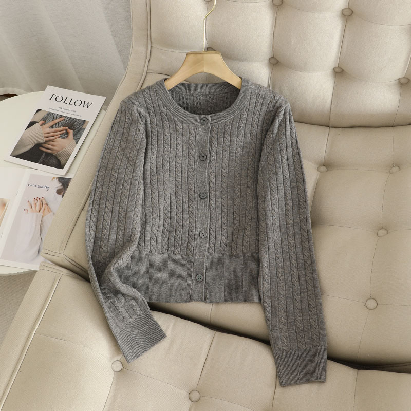 针织单排扣圆领针织开衫