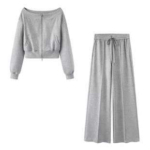 小艾!松驰感休闲套装女2025春秋一字领亮丝卫衣外套阔腿裤两件套