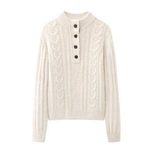 彩系の2025秋冬新款气质百搭半高立领打底绞花针织衫米白色毛衣女