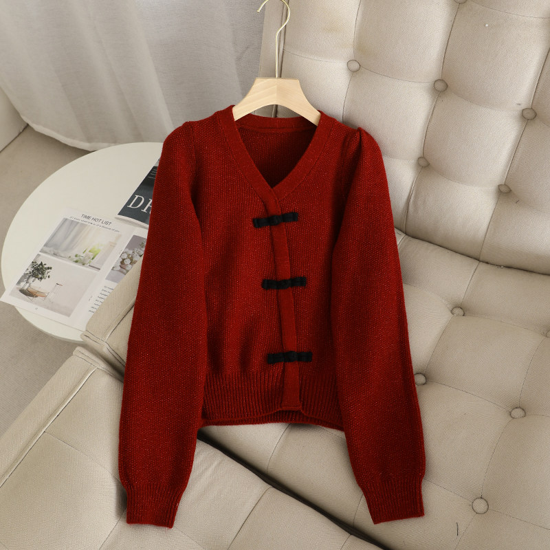 彩の2024秋冬气质V领新中式国风星光撞色盘扣设计显白针织衫毛衣,女装/女士精品,毛针织衫,淘宝优惠券,粉丝福利购,淘宝优惠卷