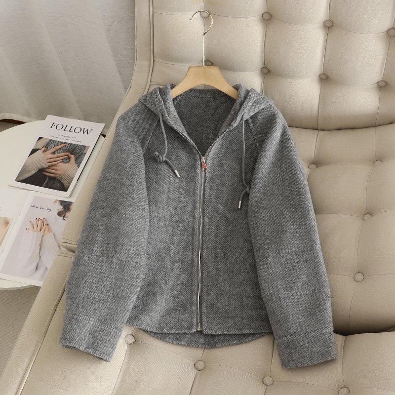 檬+2025秋冬高级感时尚连帽抽绳拉链小个子双面呢大衣毛呢外套女