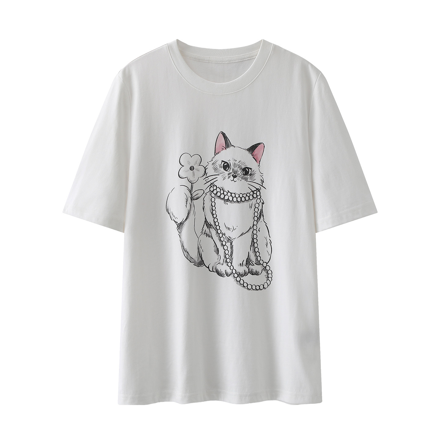 阔系の正肩可爱小猫印花白色上衣 女2026春款休闲圆领短袖休闲t恤