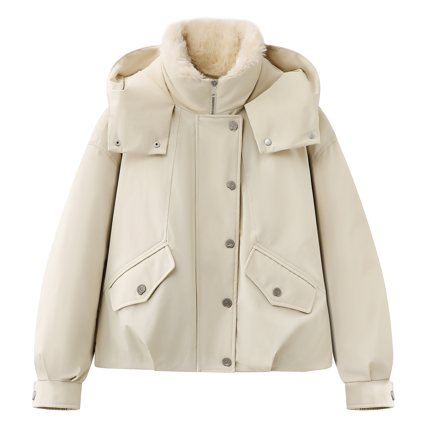 阔系！杏色毛领连帽羽绒服立领工装外套2025冬新款女长袖保暖上衣