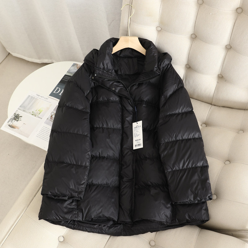 檬+高充绒量！韩版学院风时尚鸭绒连帽黑色中长款宽松保暖羽绒服