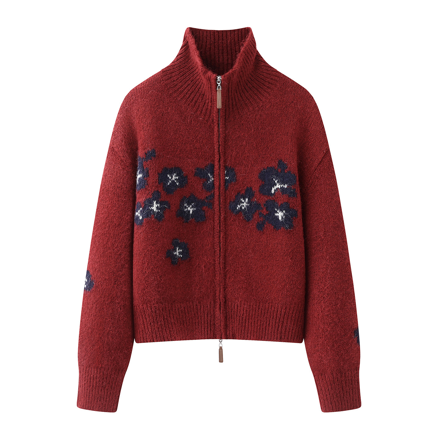 茵系！复古红拉链翻领厚毛衣开衫女2025年秋冬季宽松蓝色针织外套