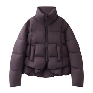 小艾!时髦拼接荷叶边下摆保暖立领羽绒女2025冬季短款百搭面包服