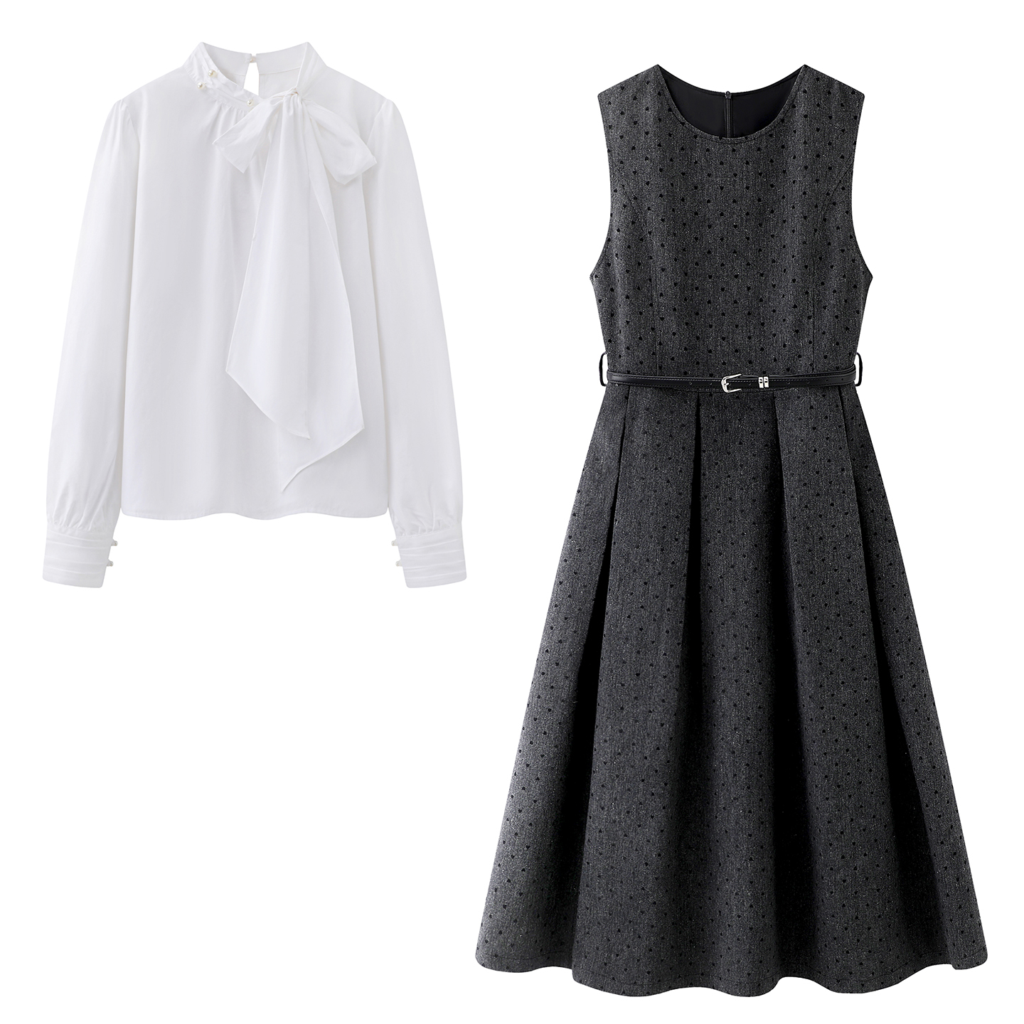 影系！圣诞波点收腰毛呢无袖心马甲连衣裙飘带衬衫两件套女2026春