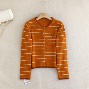 针织开衫 通勤圆领单排扣橘黄色复古条纹长袖 女 2025冬新款 诗系