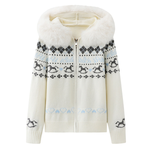白色费尔岛毛领连帽拉链毛衣外套女秋冬季高级感宽松加厚针织开衫