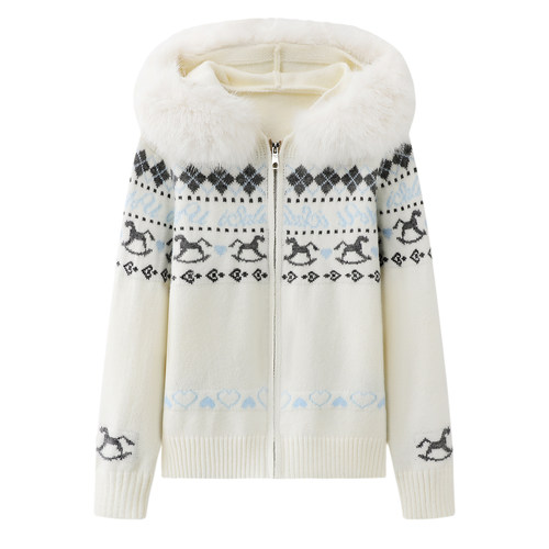 白色费尔岛毛领连帽拉链毛衣外套女秋冬季高级感宽松加厚针织开衫