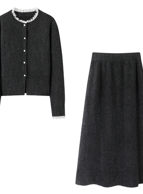 彩系！灰色针织套装女2025秋冬季甜美立领花边针织衫半身裙两件套