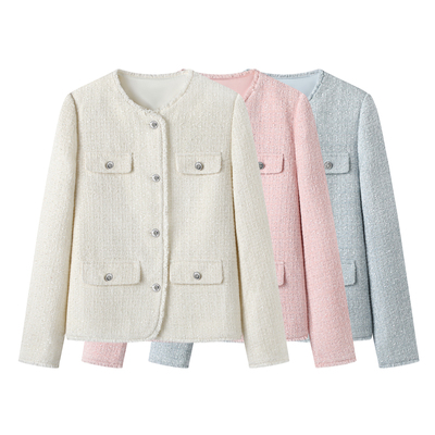 秋水！气质名媛小香风女2025早秋新款流苏毛边粗花呢圆领外套上衣