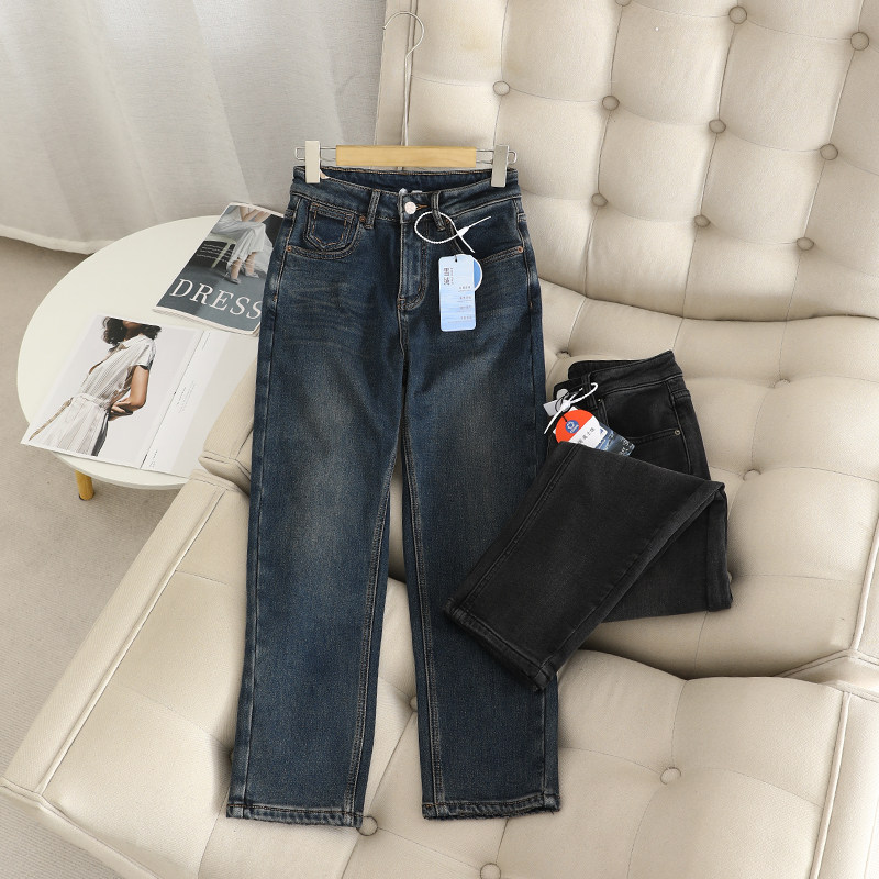 直筒九分裤加绒牛仔2024秋冬季