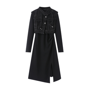 牛仔马甲 国风盘扣提花无袖 圆领薄绒开叉连衣裙两件套女 新中式 鸟