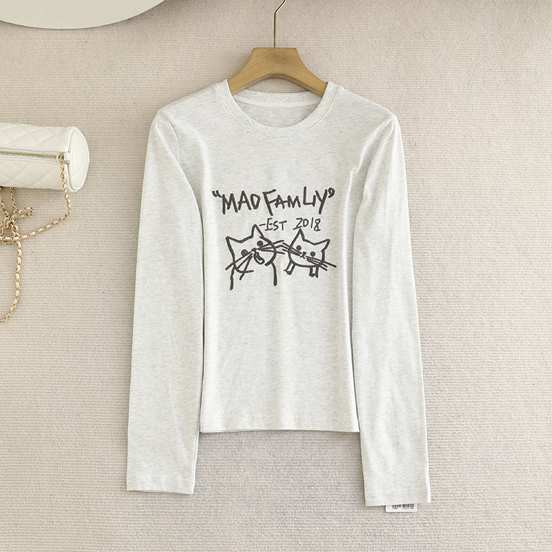 檬系の2025秋季时尚圆领卡通刺绣减龄字母提花休闲长袖T恤上衣女