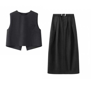 显瘦半身裙两件套 艾系 高腰中长款 设计感不规则马甲 女 一套入
