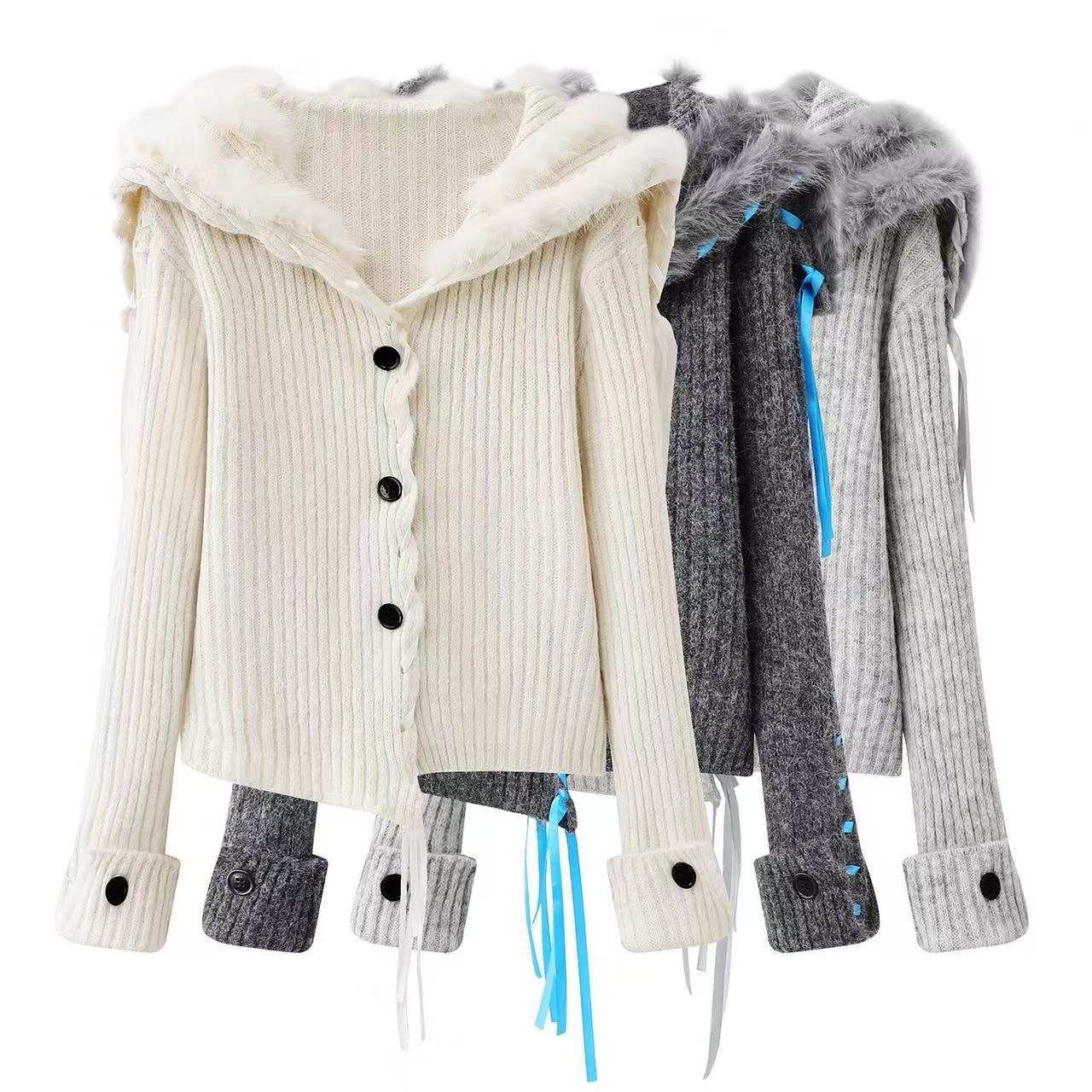 韩系氛围感大翻领针织开衫女秋冬季加厚宽松慵懒软糯飘带毛衣外套