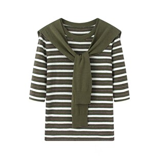 艾系の2026春款学院风海军领披肩两件套条纹短袖套头针织衫上衣女