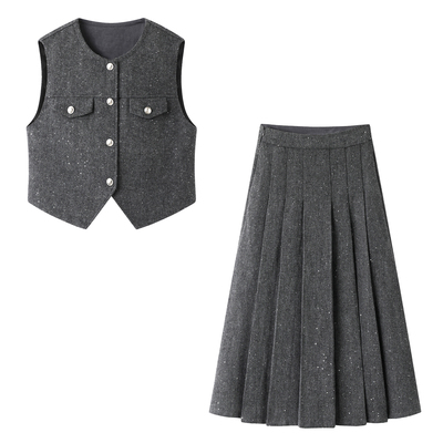 影系！灰色小香风马甲套装女2025冬季高腰亮丝半身裙miu系两件套
