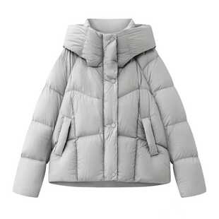 小艾!2025冬新款时尚百搭宽松显瘦灰色连帽短款泡芙羽绒服外套女
