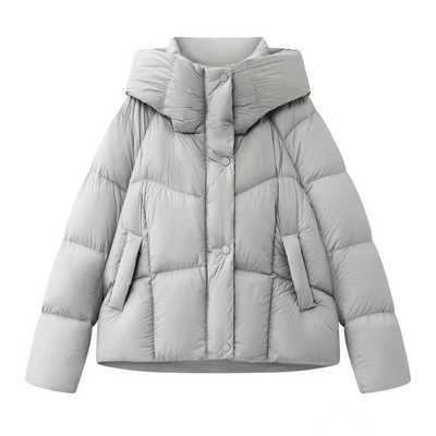 小艾！2025冬新款时尚百搭宽松显瘦灰色连帽短款泡芙羽绒服外套女